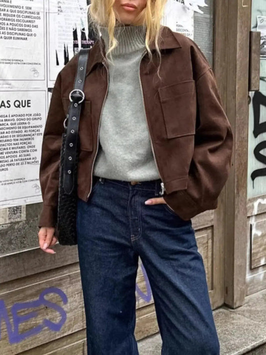Brown Suede Zipper Utility Jacket With Front Pockets - Bitsy Gypsy Boutique