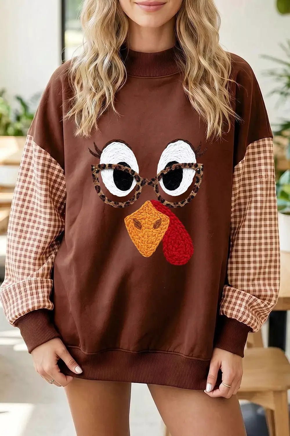 Brown Turkey Plaid Sleeve Crewneck Sweatshirt - Bitsy Gypsy Boutique