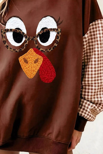 Brown Turkey Plaid Sleeve Crewneck Sweatshirt - Bitsy Gypsy Boutique