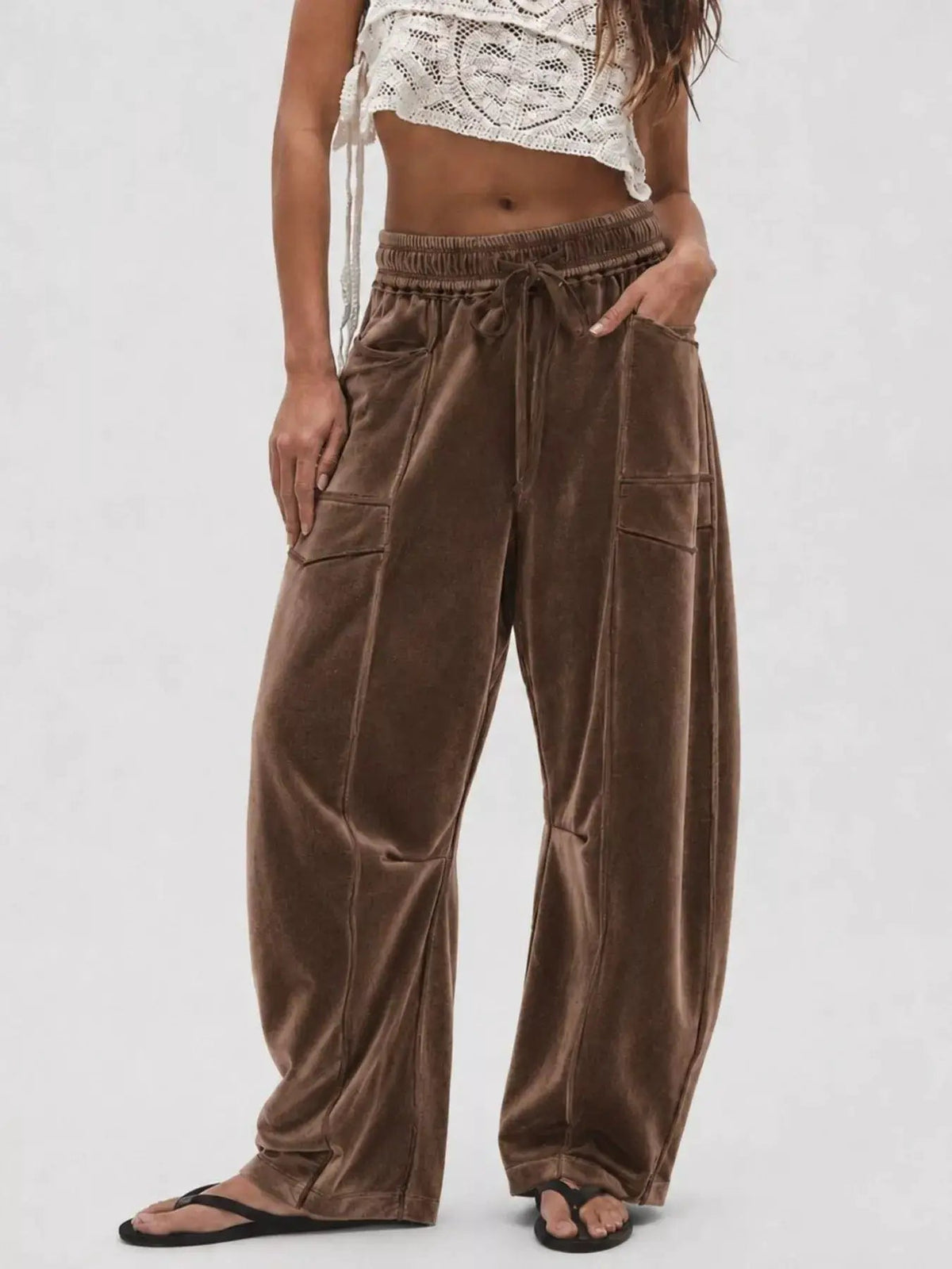 Brown Velvet Wide-Leg Drawstring Pocketed Pants - Bitsy Gypsy Boutique