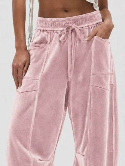 Brown Velvet Wide-Leg Drawstring Pocketed Pants - Bitsy Gypsy Boutique