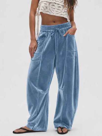 Brown Velvet Wide-Leg Drawstring Pocketed Pants - Bitsy Gypsy Boutique