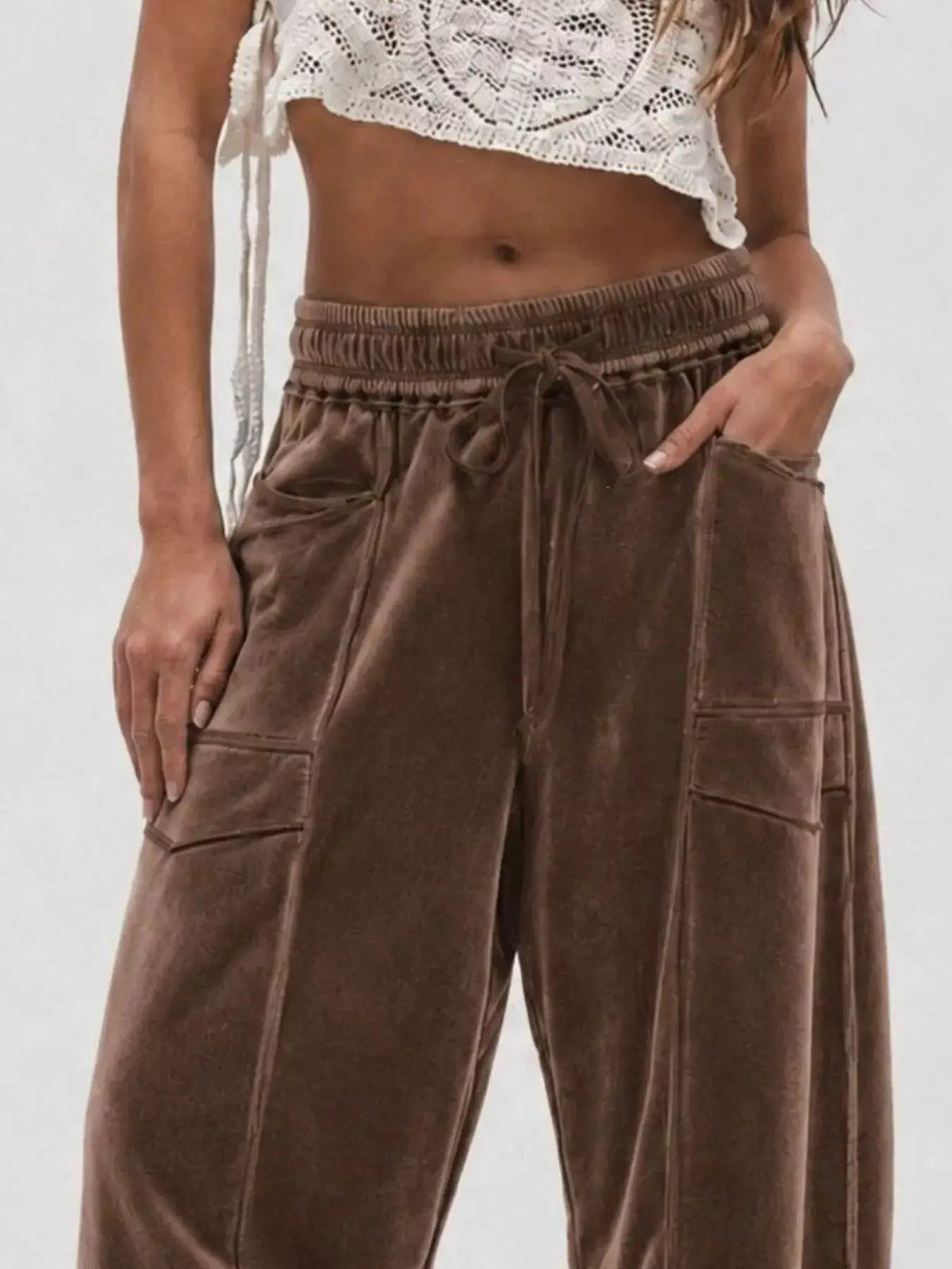 Brown Velvet Wide-Leg Drawstring Pocketed Pants - Bitsy Gypsy Boutique