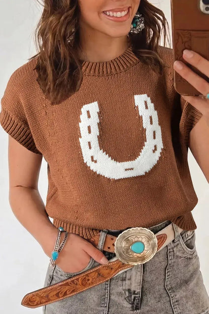Brown Western Horseshoe Short Sleeve Knit Sweater - Bitsy Gypsy Boutique
