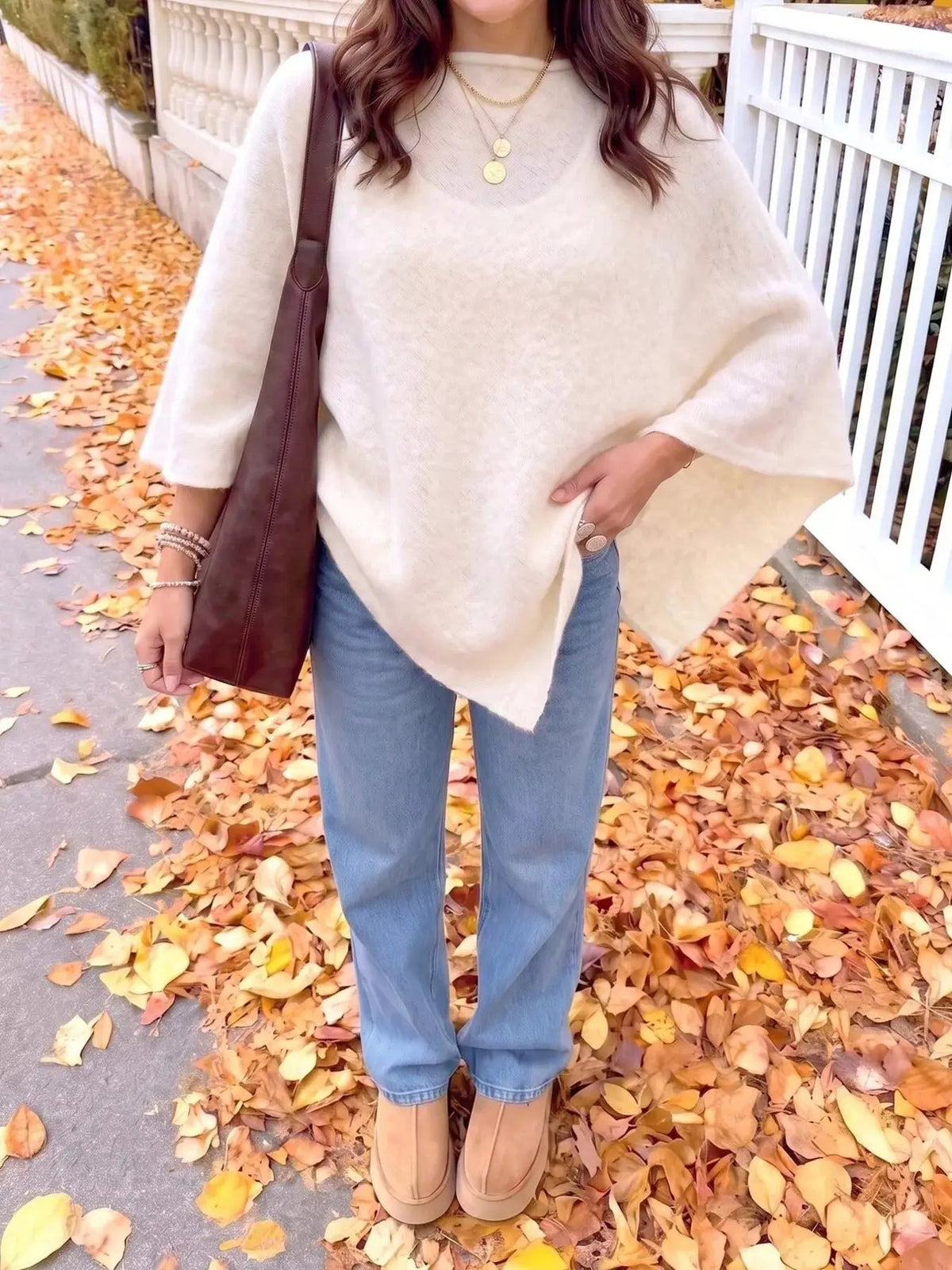 Brushed Beige Round Neck Bat Sleeve Cape Sweater - Bitsy Gypsy Boutique