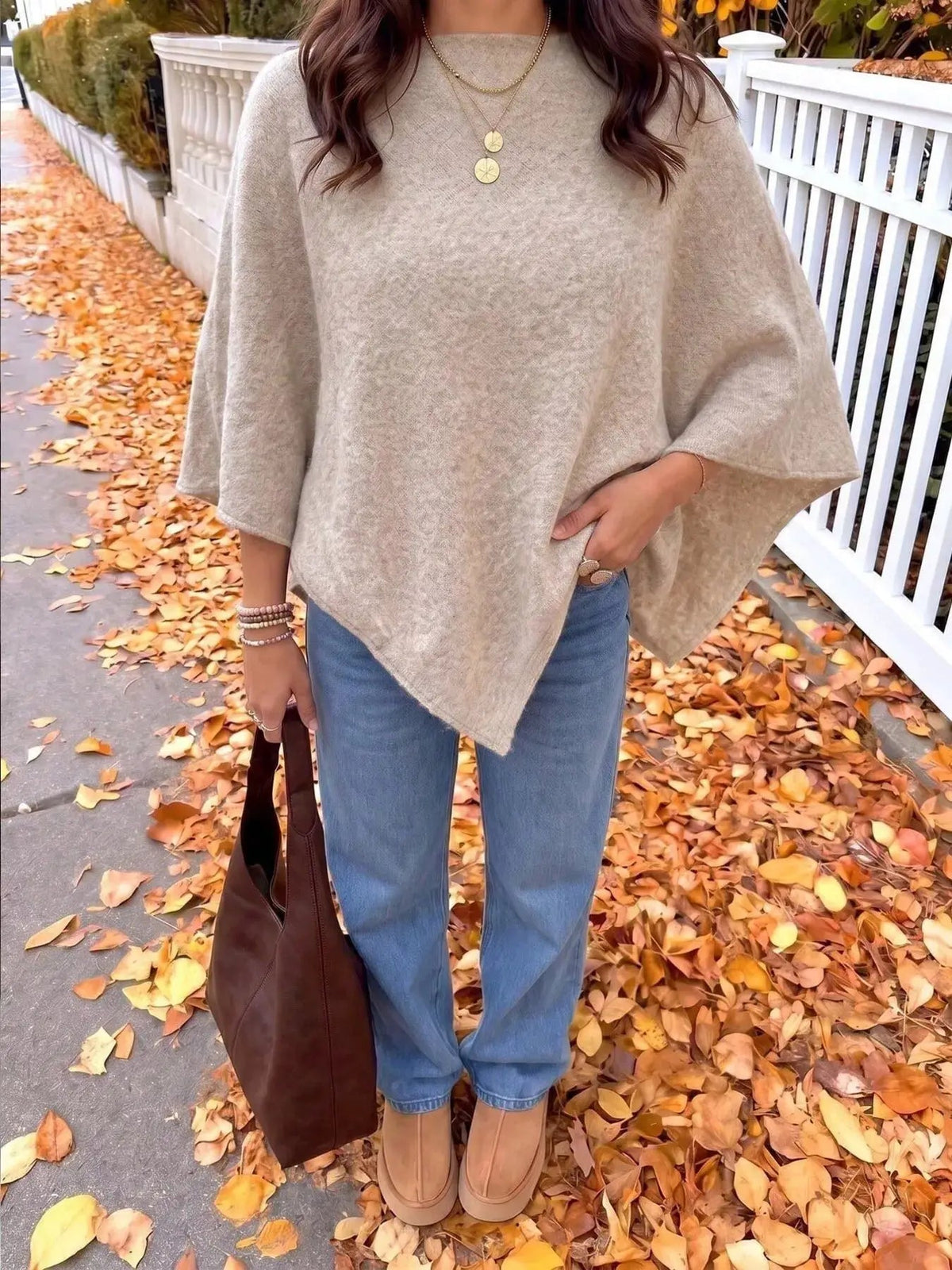 Brushed Beige Round Neck Bat Sleeve Cape Sweater - Bitsy Gypsy Boutique