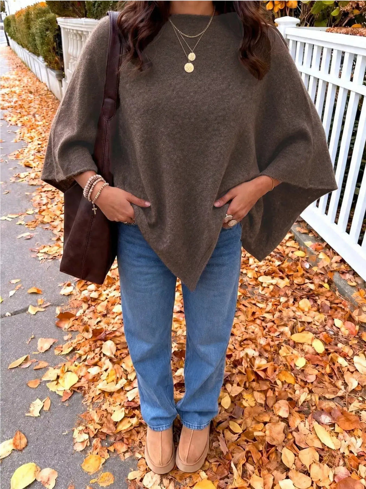 Brushed Beige Round Neck Bat Sleeve Cape Sweater - Bitsy Gypsy Boutique