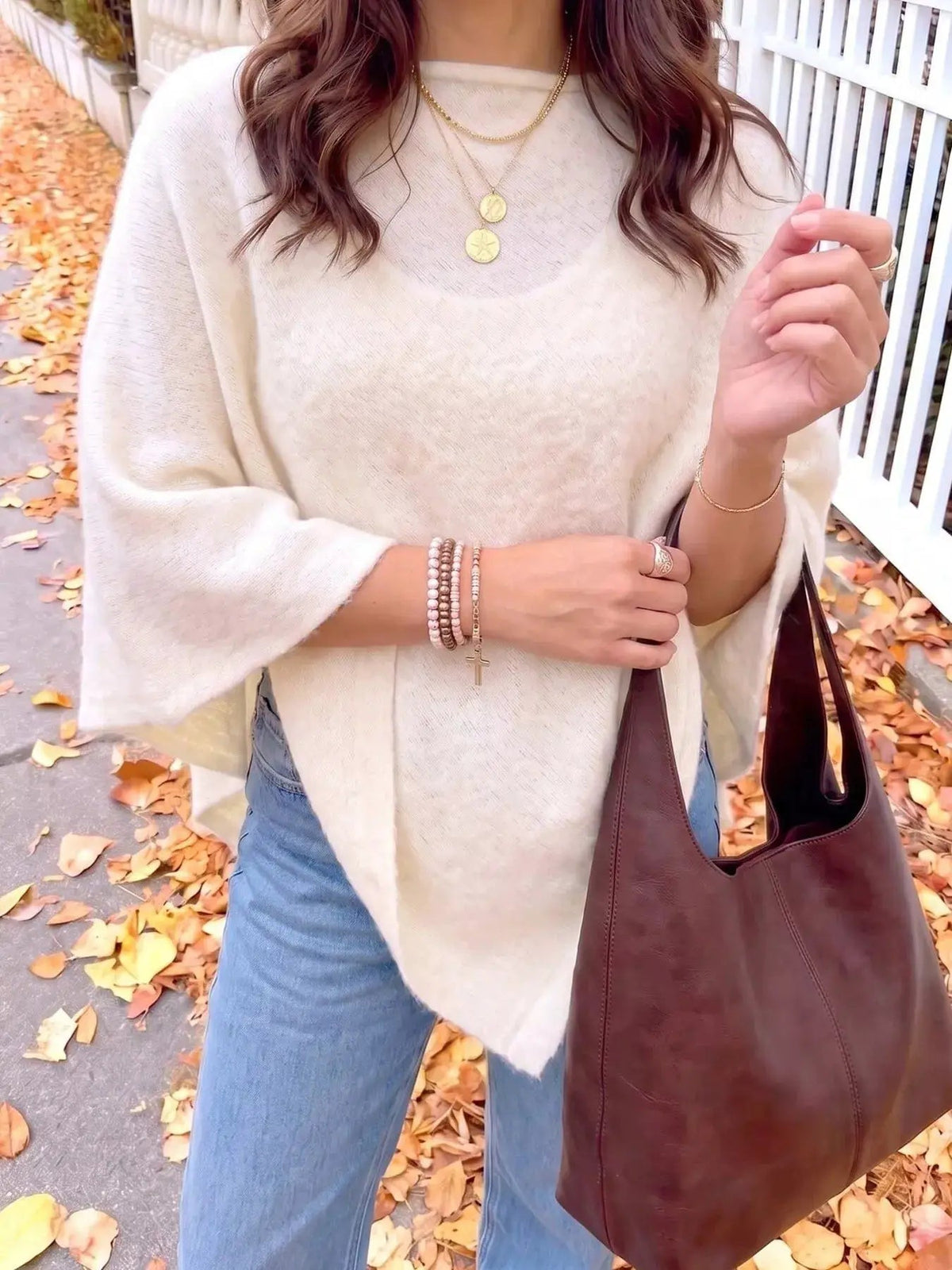Brushed Beige Round Neck Bat Sleeve Cape Sweater - Bitsy Gypsy Boutique
