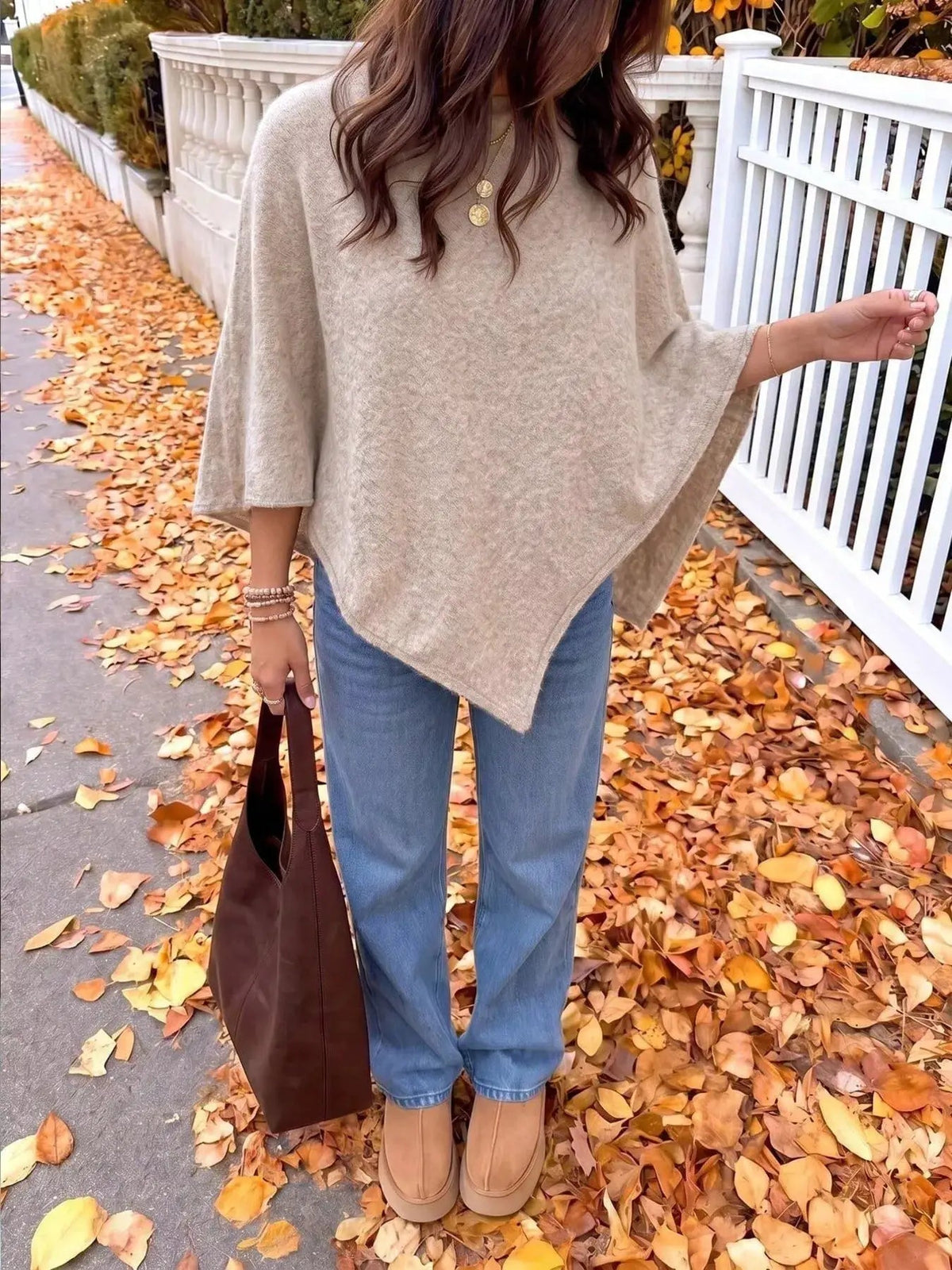 Brushed Beige Round Neck Bat Sleeve Cape Sweater - Bitsy Gypsy Boutique
