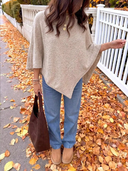 Brushed Beige Round Neck Bat Sleeve Cape Sweater - Bitsy Gypsy Boutique