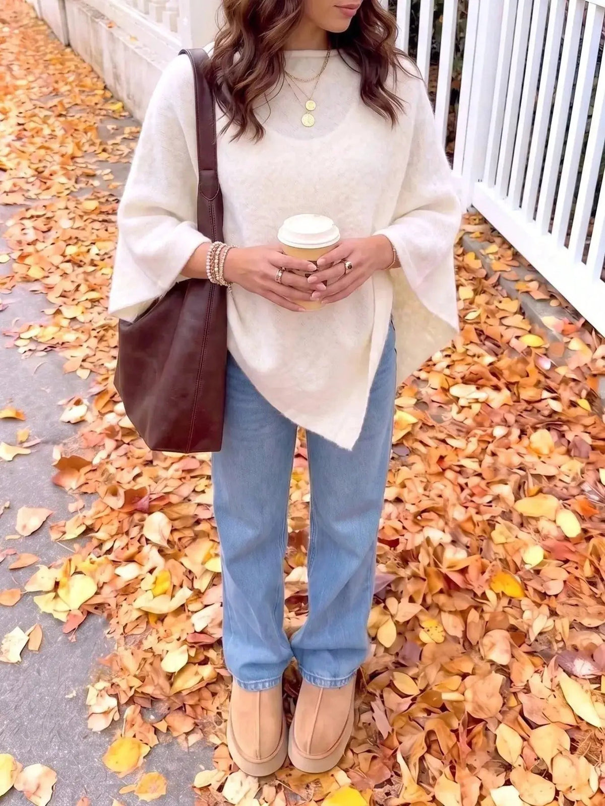 Brushed Beige Round Neck Bat Sleeve Cape Sweater - Bitsy Gypsy Boutique