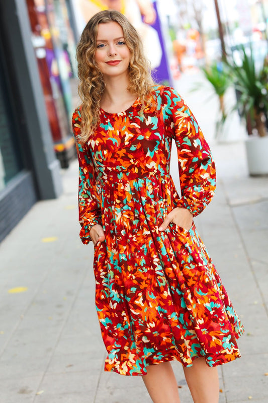 Burgundy & Jade Floral Print Midi Dress - Bitsy Gypsy Boutique