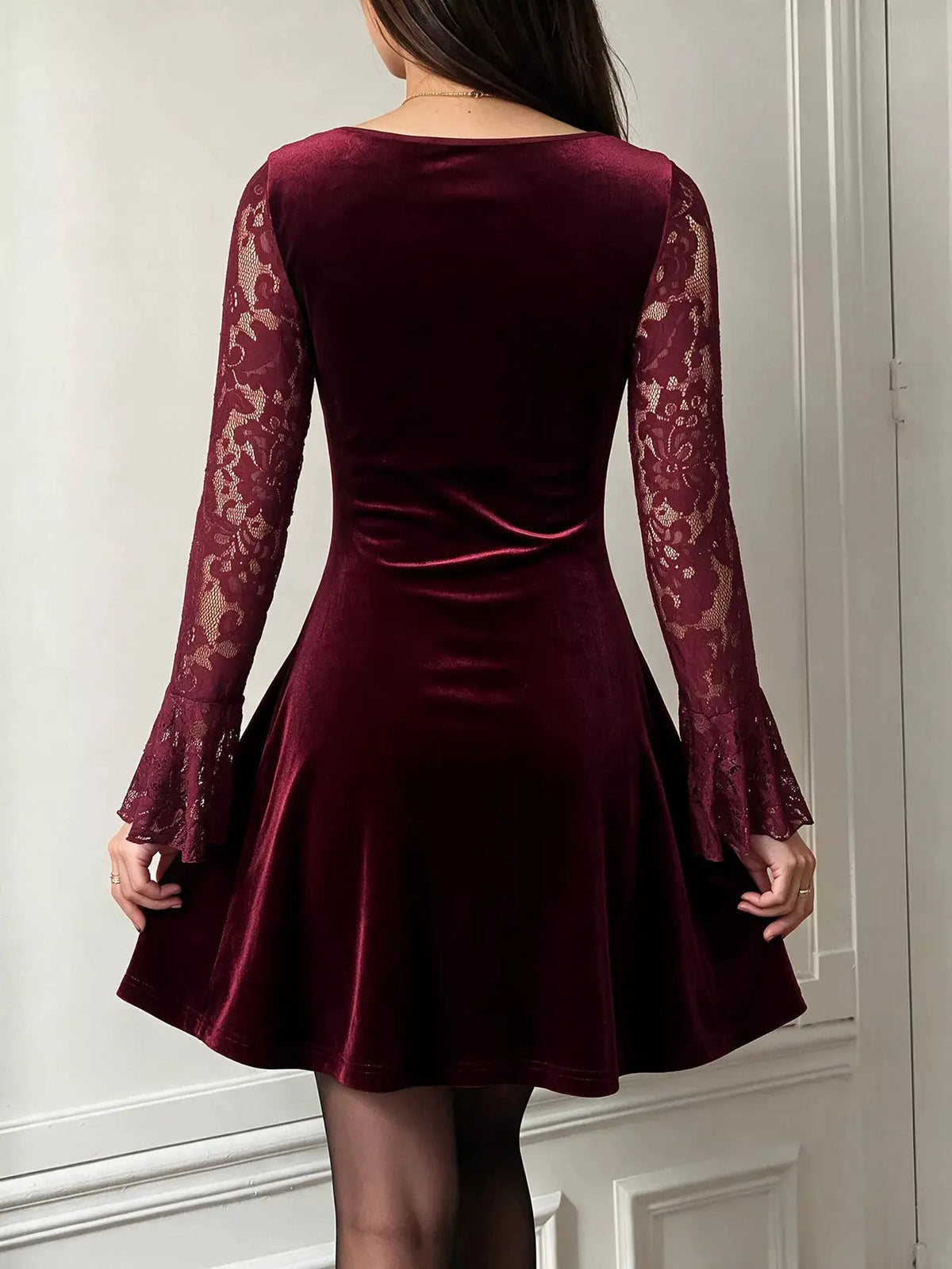 Burgundy Lace Tie Front Flare Sleeve Mini Dress - Bitsy Gypsy Boutique