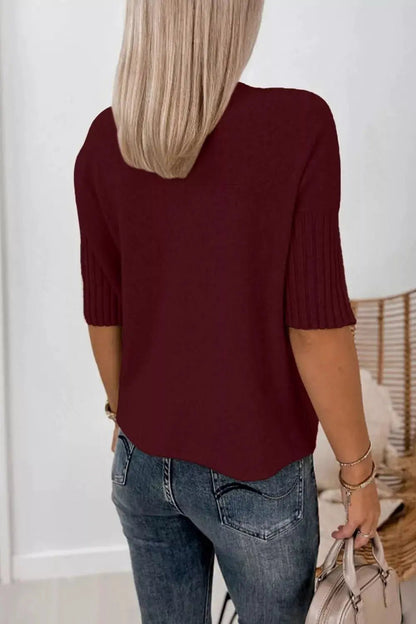 Burgundy Mock Neck Half Sleeve Ribbed Sweater - Bitsy Gypsy Boutique