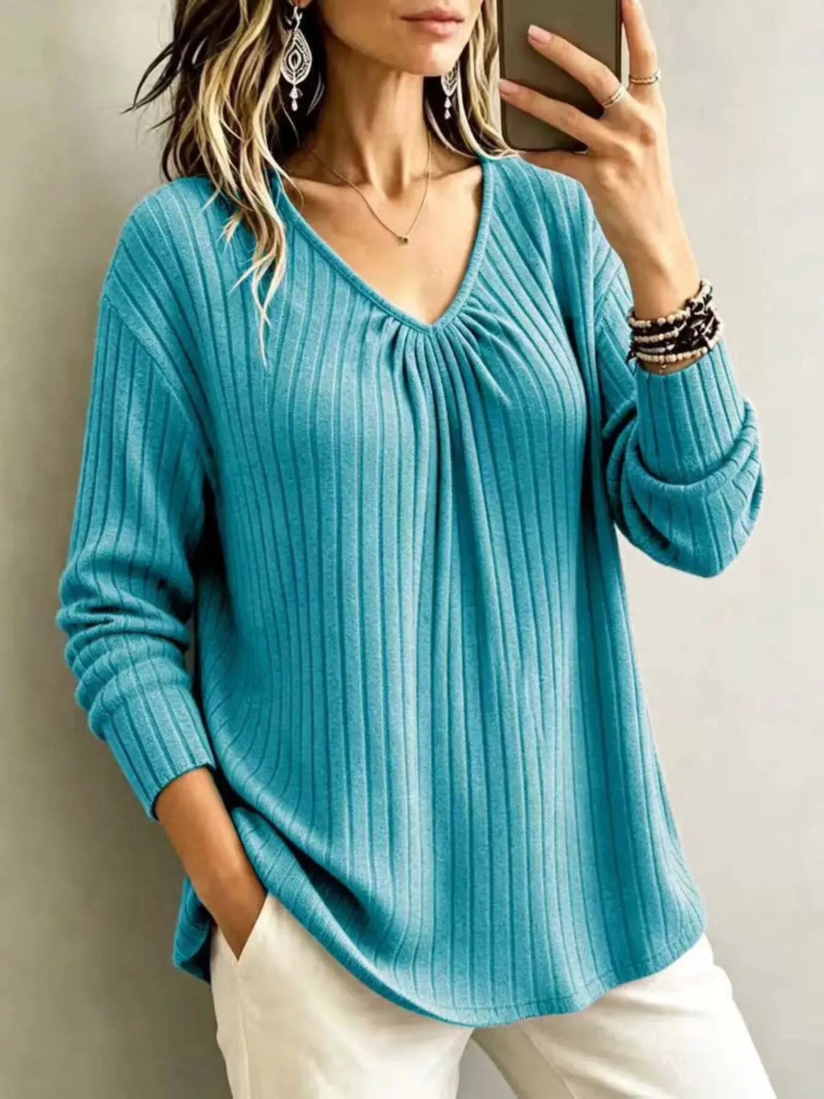 Burgundy Ribbed Gathered V-Neck Long Sleeve Top - Bitsy Gypsy Boutique
