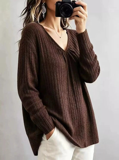 Burgundy Ribbed Gathered V-Neck Long Sleeve Top - Bitsy Gypsy Boutique