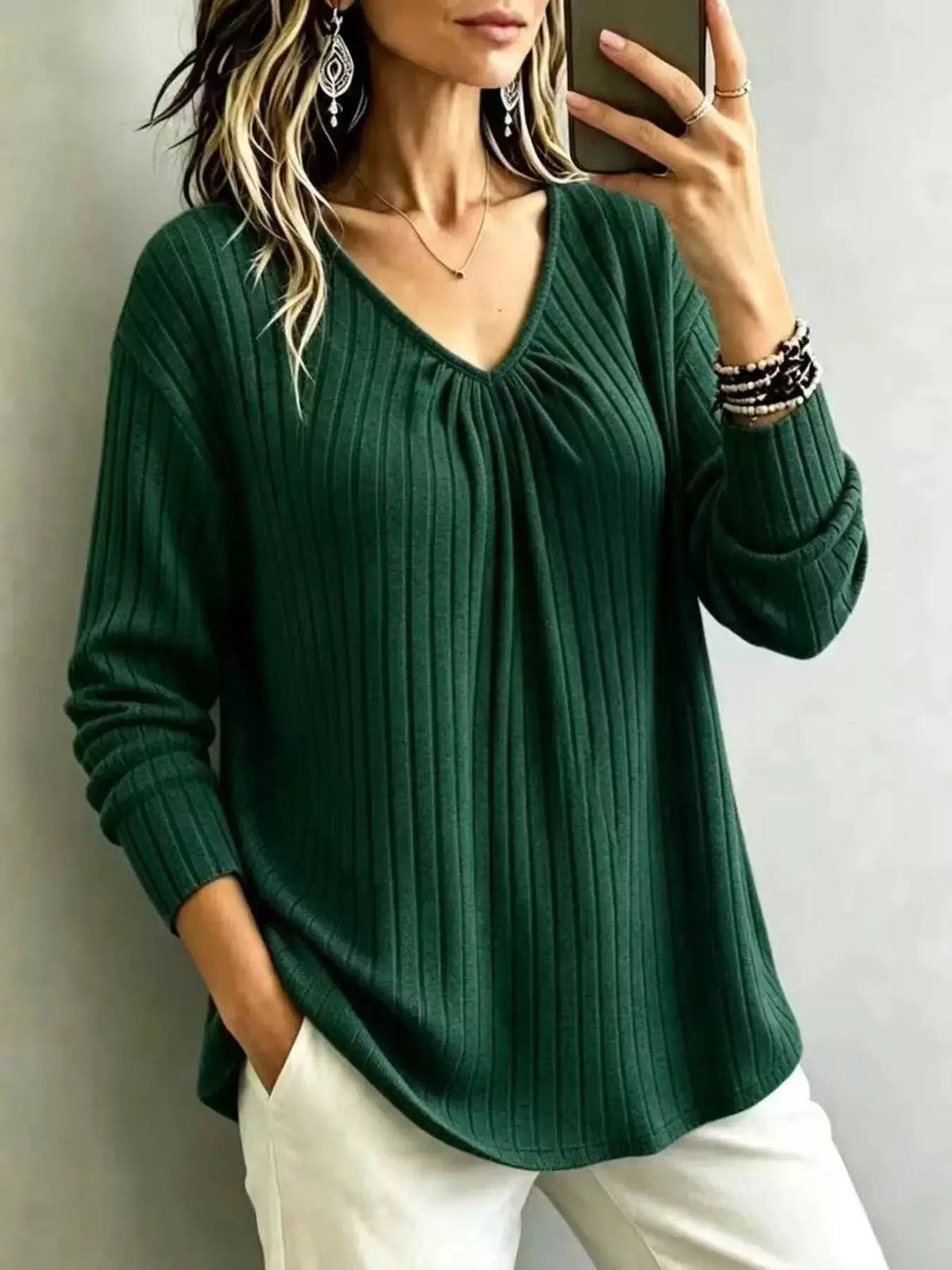 Burgundy Ribbed Gathered V-Neck Long Sleeve Top - Bitsy Gypsy Boutique