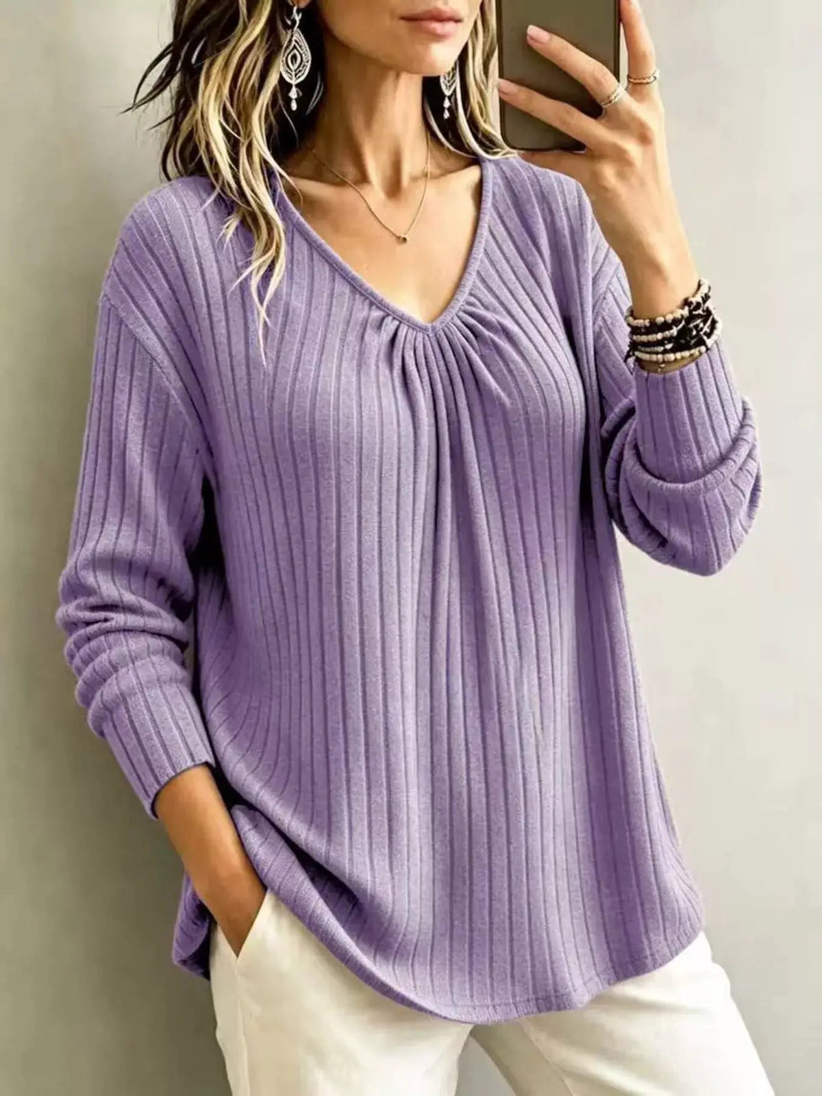 Burgundy Ribbed Gathered V-Neck Long Sleeve Top - Bitsy Gypsy Boutique