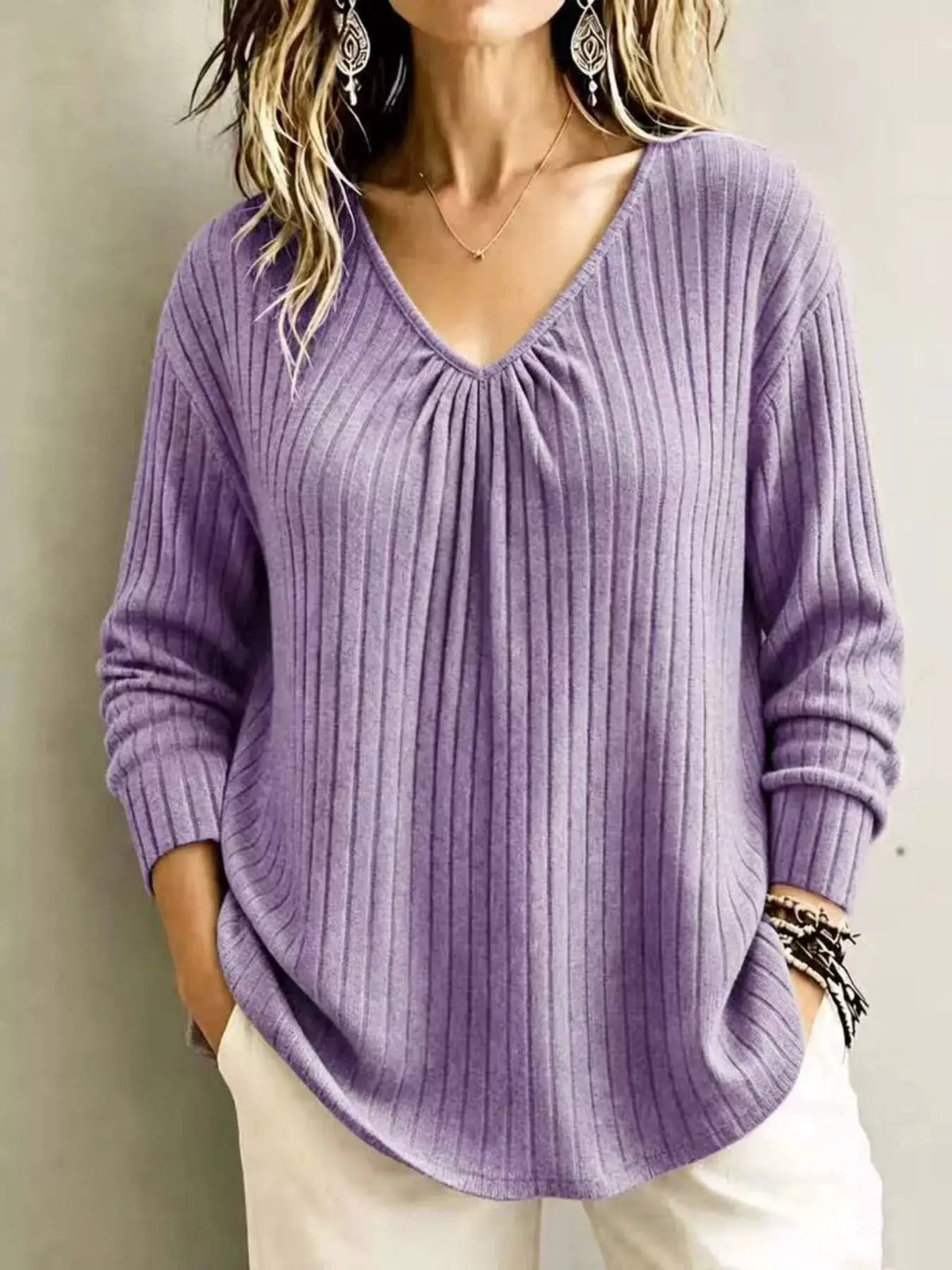 Burgundy Ribbed Gathered V-Neck Long Sleeve Top - Bitsy Gypsy Boutique