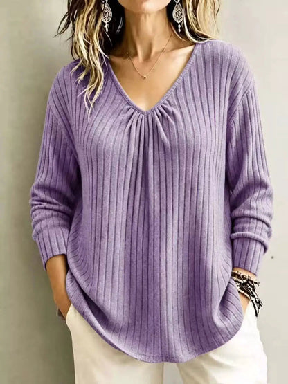 Burgundy Ribbed Gathered V-Neck Long Sleeve Top - Bitsy Gypsy Boutique