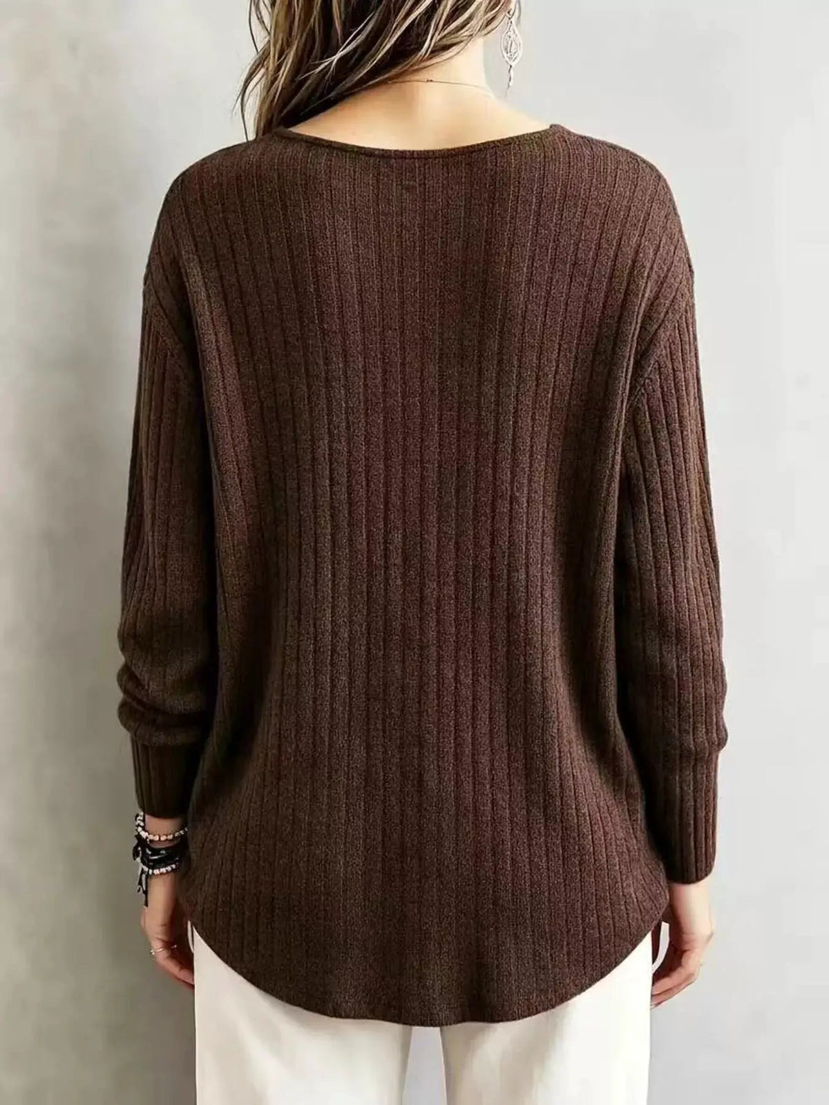 Burgundy Ribbed Gathered V-Neck Long Sleeve Top - Bitsy Gypsy Boutique