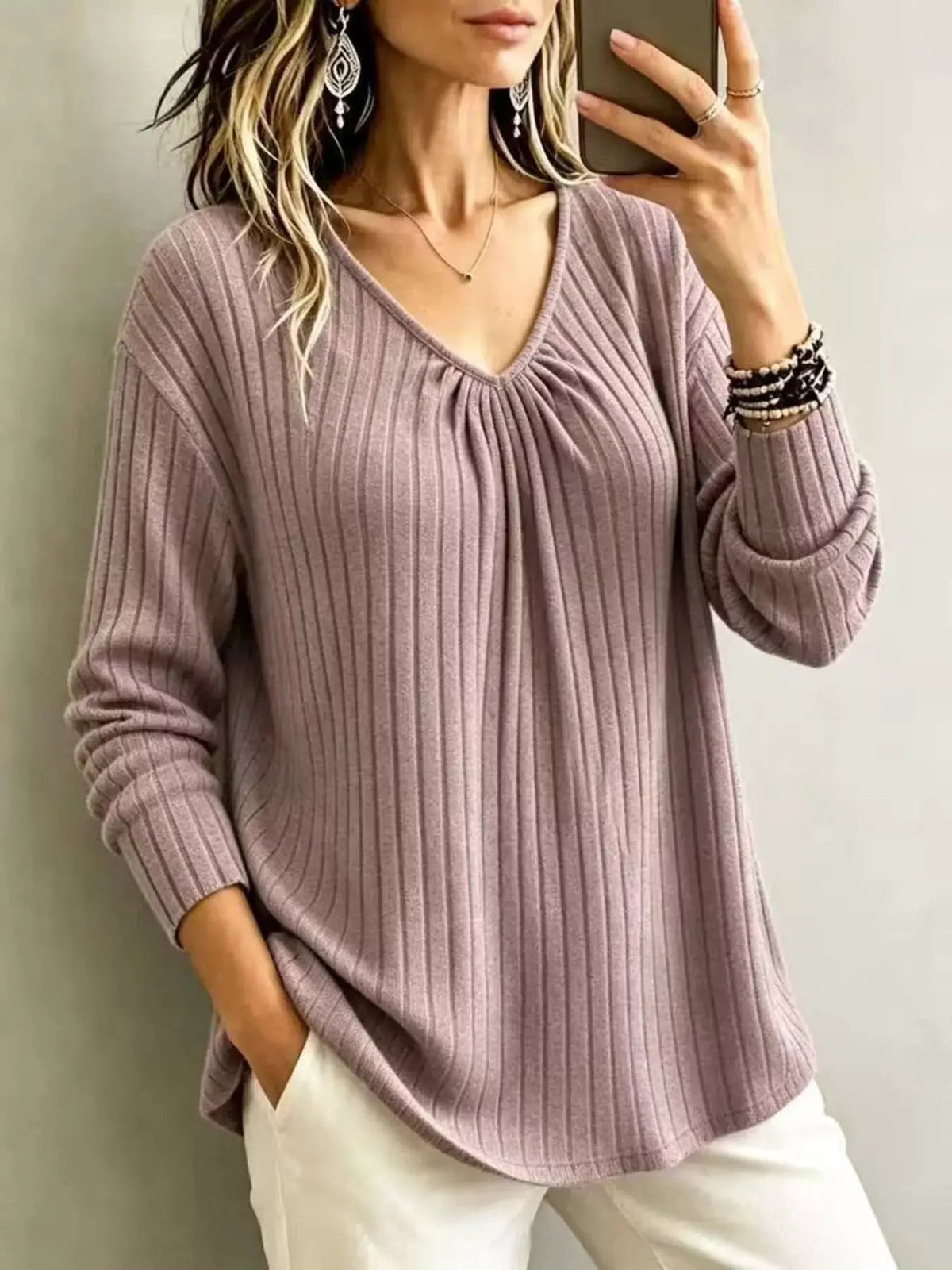 Burgundy Ribbed Gathered V-Neck Long Sleeve Top - Bitsy Gypsy Boutique