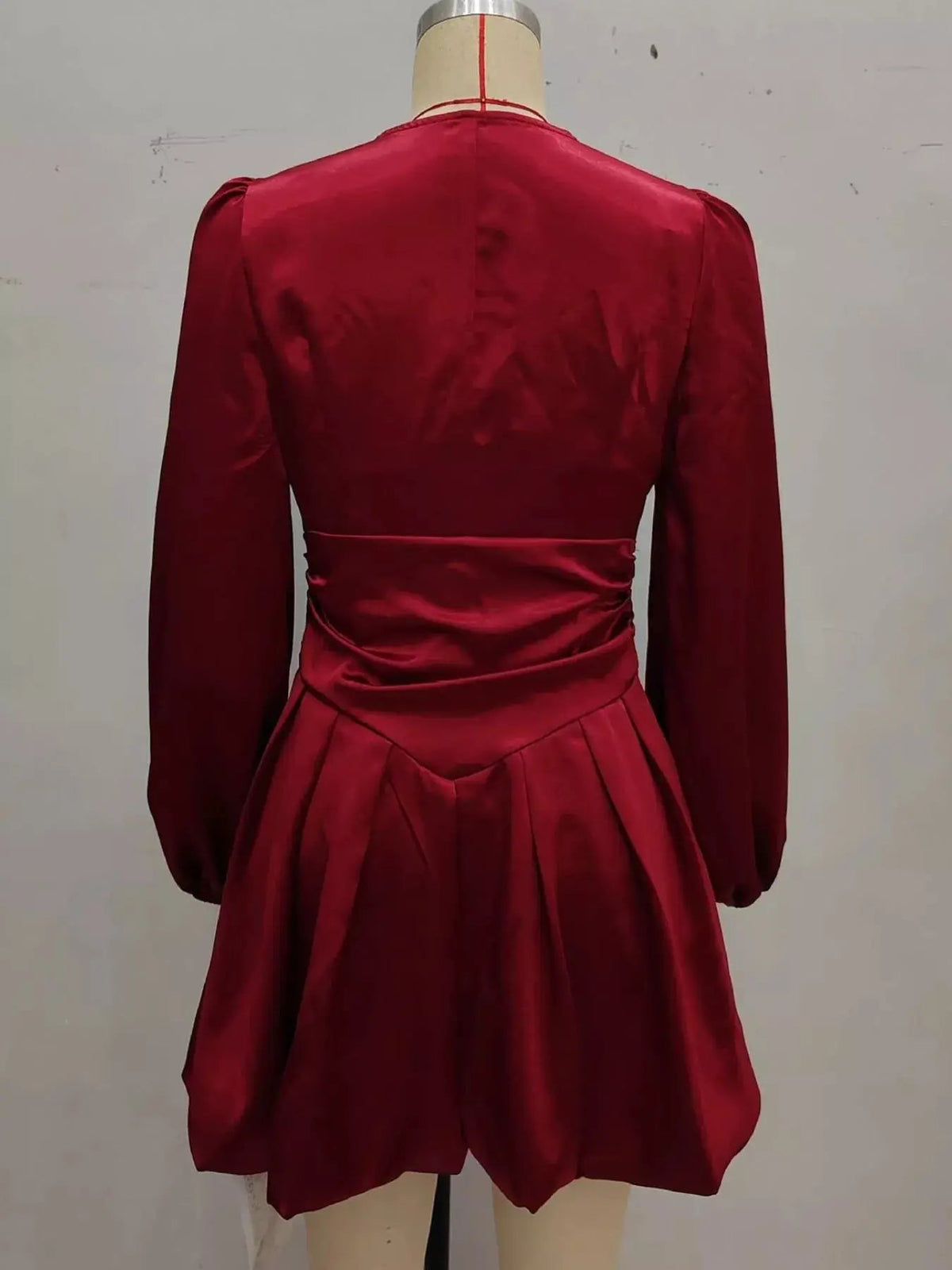 Burgundy Ruched Button V Neck Balloon Sleeve Dress - Bitsy Gypsy Boutique