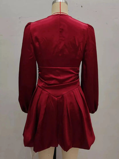 Burgundy Ruched Button V Neck Balloon Sleeve Dress - Bitsy Gypsy Boutique