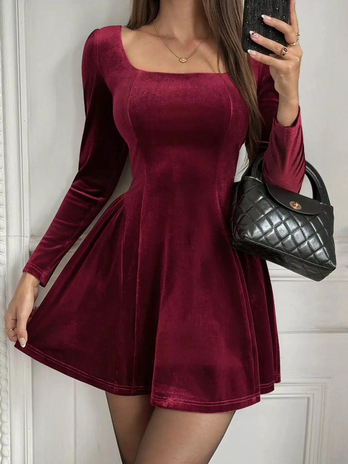 Burgundy Velvet Square Neck Long Sleeve Mini Dress - Bitsy Gypsy Boutique