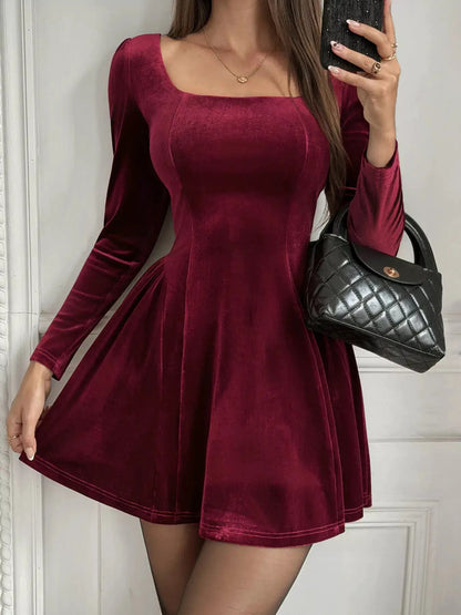 Burgundy Velvet Square Neck Long Sleeve Mini Dress - Bitsy Gypsy Boutique