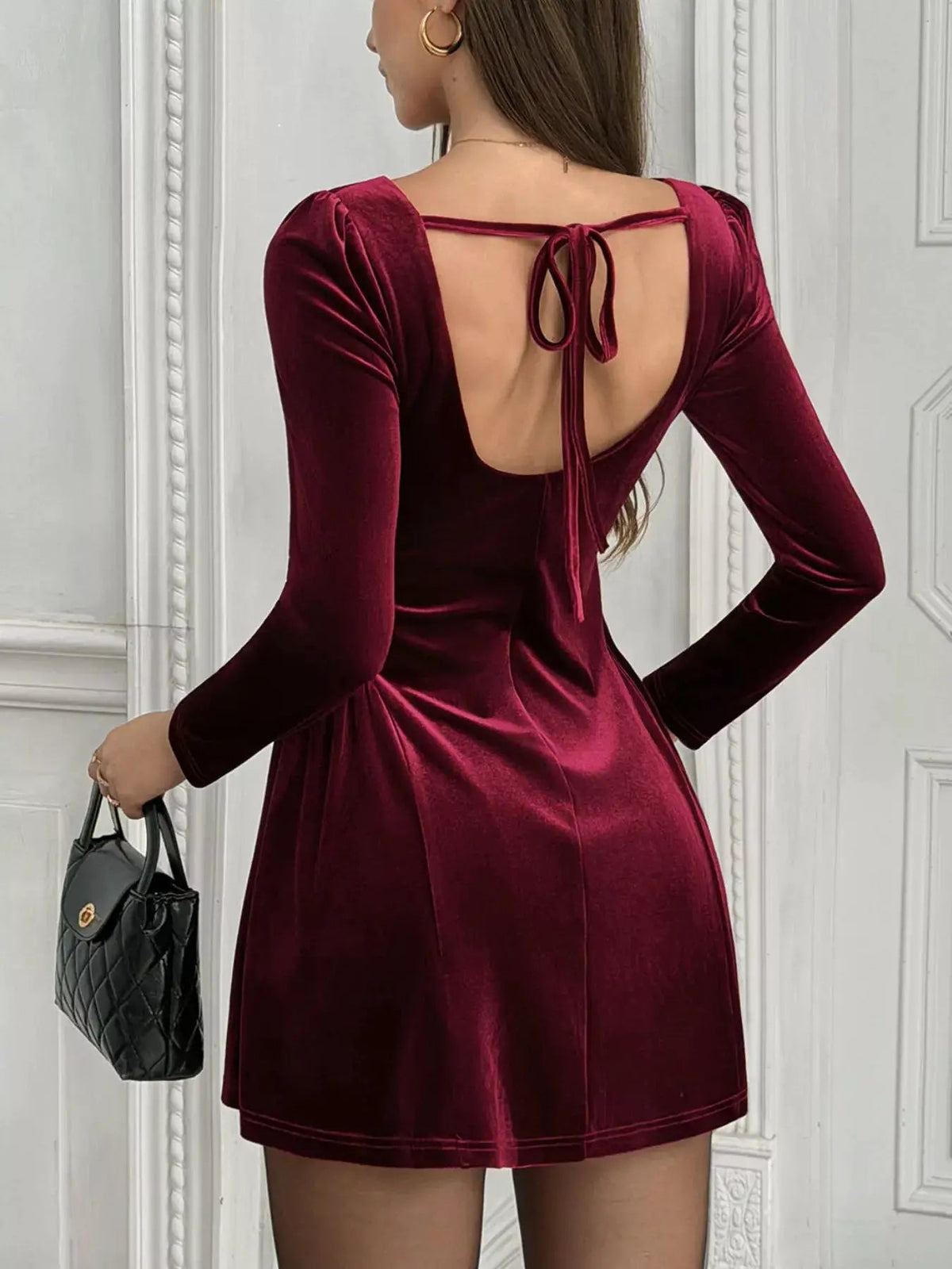 Burgundy Velvet Square Neck Long Sleeve Mini Dress - Bitsy Gypsy Boutique