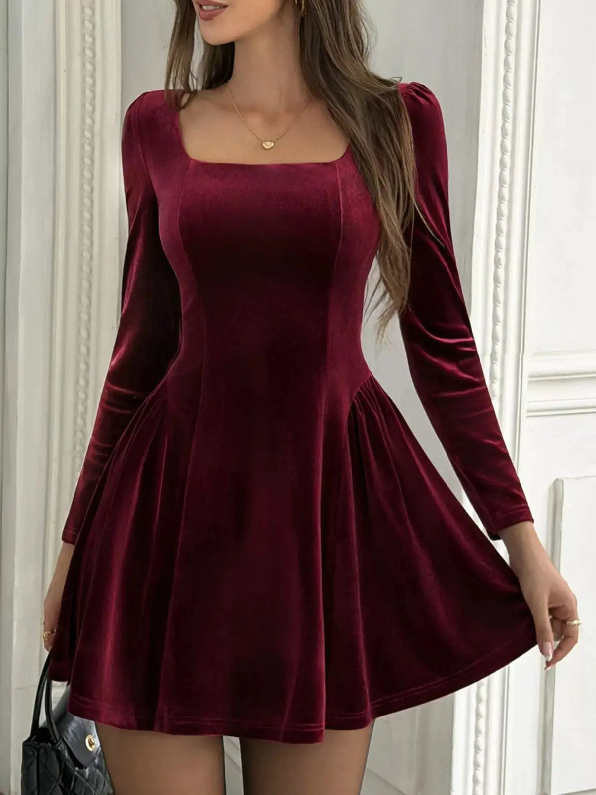 Burgundy Velvet Square Neck Long Sleeve Mini Dress - Bitsy Gypsy Boutique