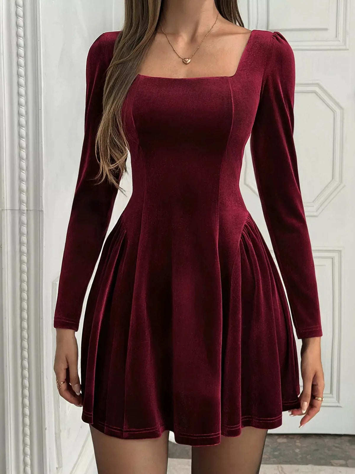 Burgundy Velvet Square Neck Long Sleeve Mini Dress - Bitsy Gypsy Boutique