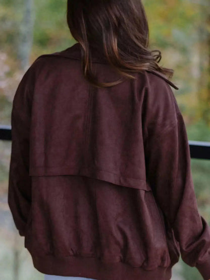 Burgundy Zip Front Collar Long Sleeve Pocketed Jacket - Bitsy Gypsy Boutique