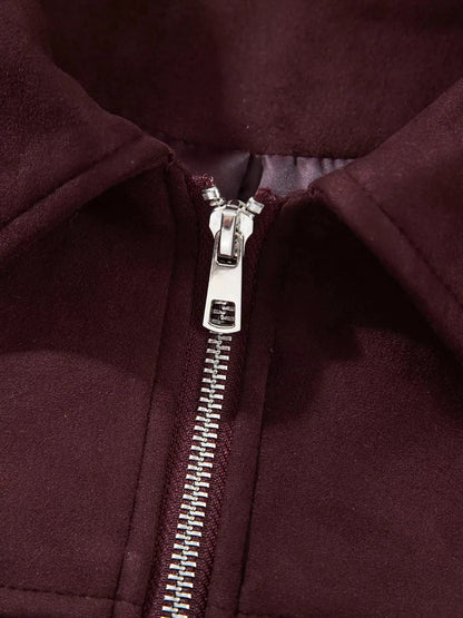 Burgundy Zip Front Collar Long Sleeve Pocketed Jacket - Bitsy Gypsy Boutique