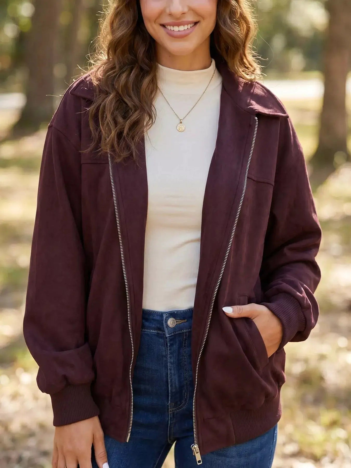 Burgundy Zip Front Collar Long Sleeve Pocketed Jacket - Bitsy Gypsy Boutique