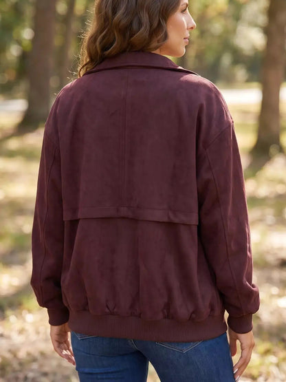 Burgundy Zip Front Collar Long Sleeve Pocketed Jacket - Bitsy Gypsy Boutique