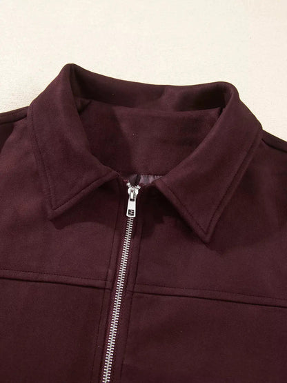 Burgundy Zip Front Collar Long Sleeve Pocketed Jacket - Bitsy Gypsy Boutique