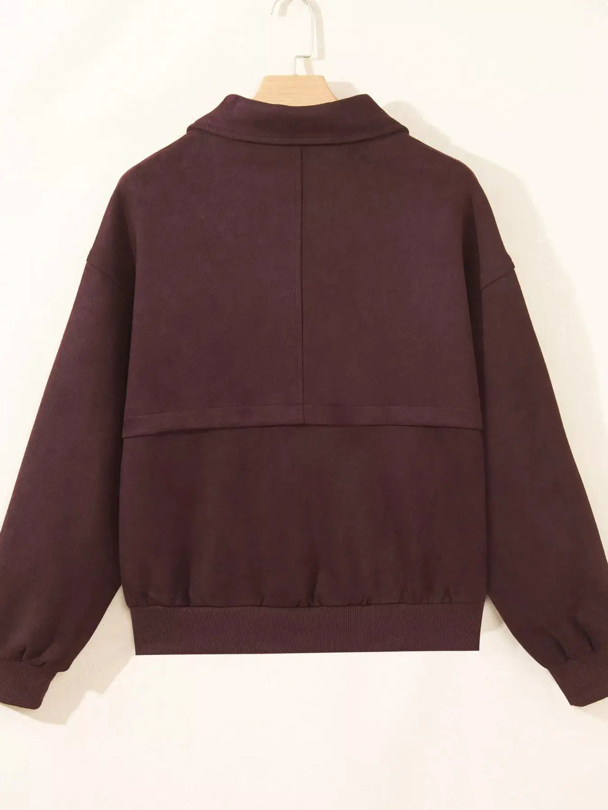 Burgundy Zip Front Collar Long Sleeve Pocketed Jacket - Bitsy Gypsy Boutique