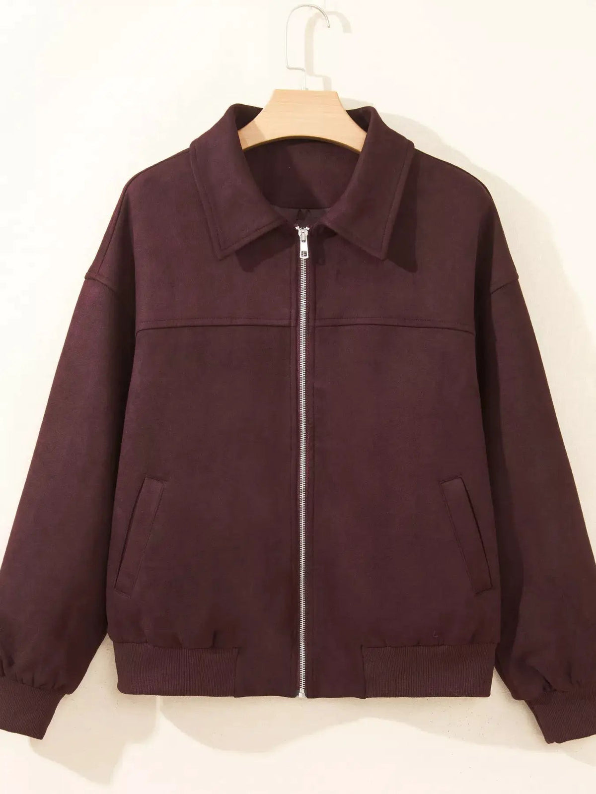 Burgundy Zip Front Collar Long Sleeve Pocketed Jacket - Bitsy Gypsy Boutique