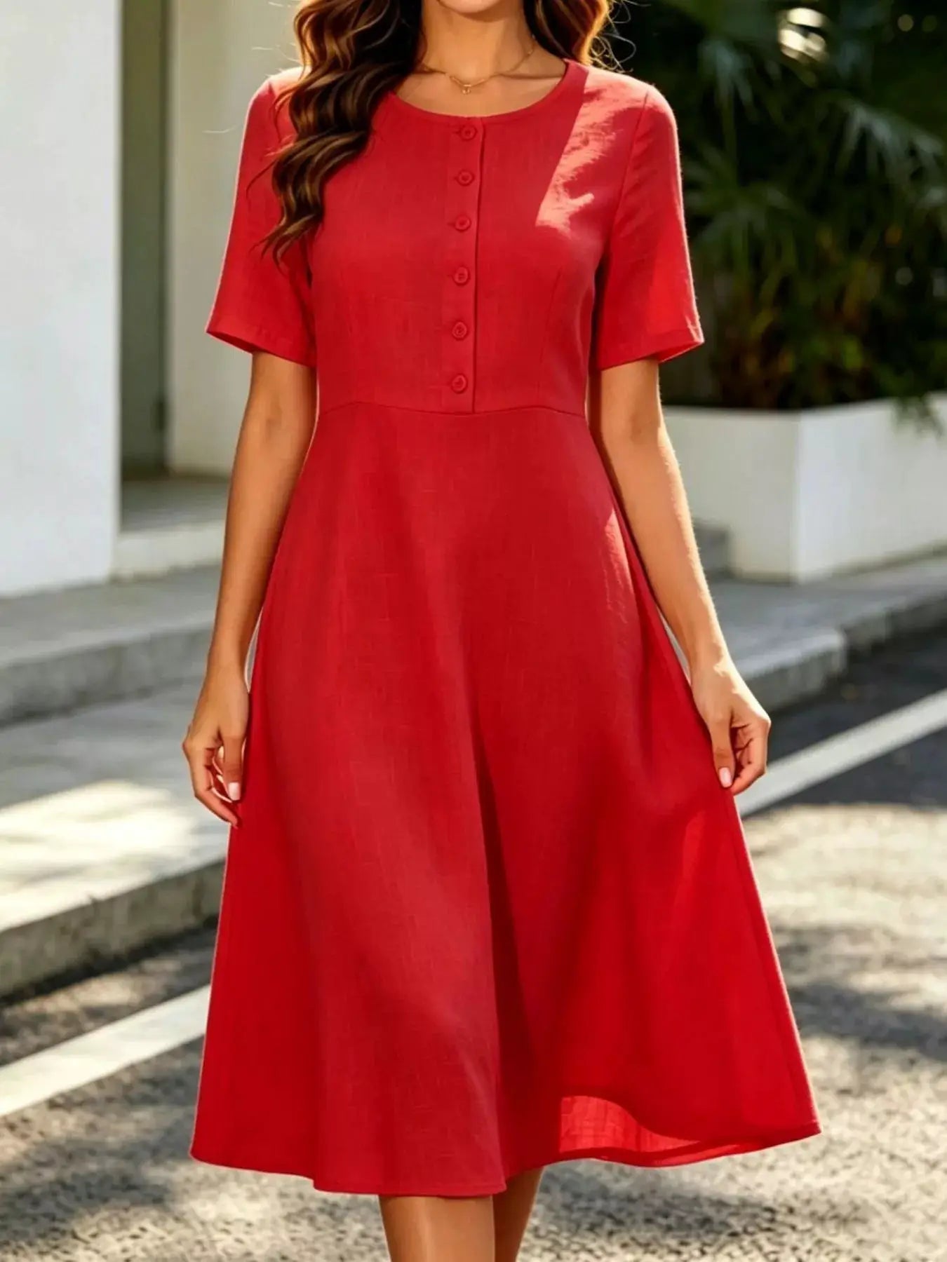 Button Detail A-Line Midi Dress by Trendsi