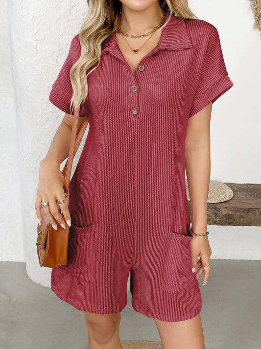 Button Detail Collared Neck Short Sleeve Romper - Bitsy Gypsy Boutique