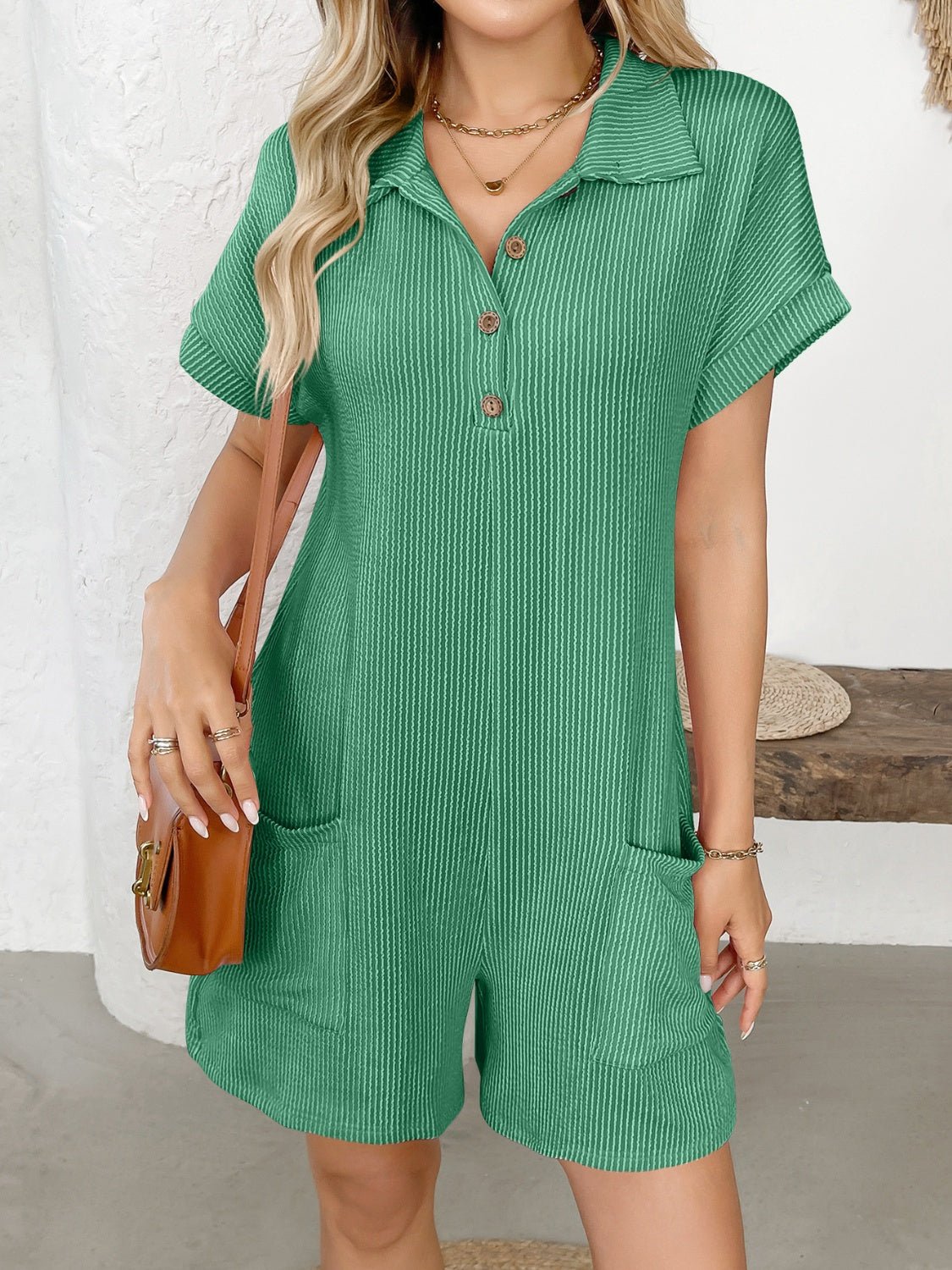 Button Detail Collared Neck Short Sleeve Romper - Bitsy Gypsy Boutique