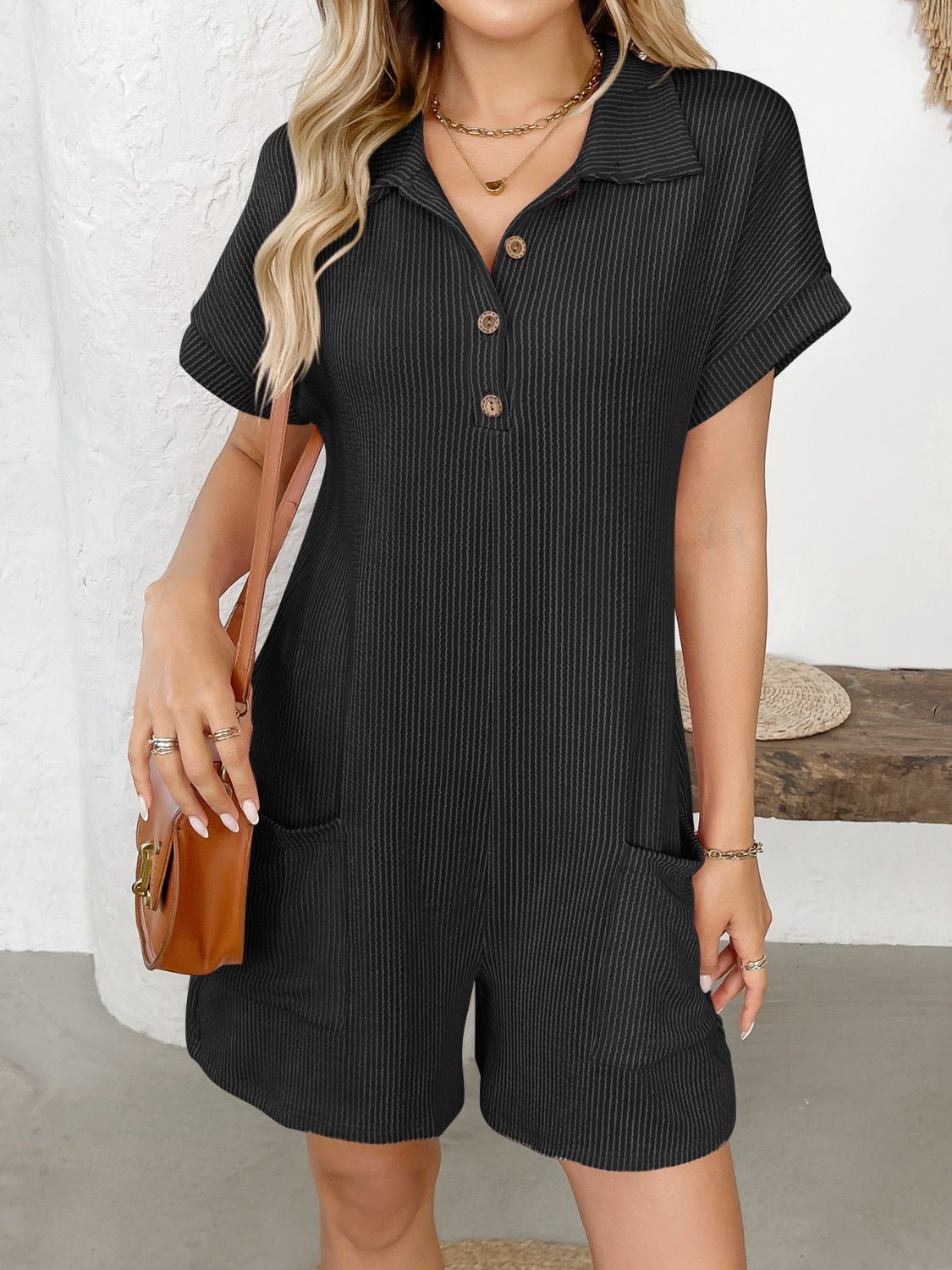 Button Detail Collared Neck Short Sleeve Romper - Bitsy Gypsy Boutique