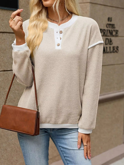 Button Detail Dropped Shoulder T-Shirt - Bitsy Gypsy Boutique