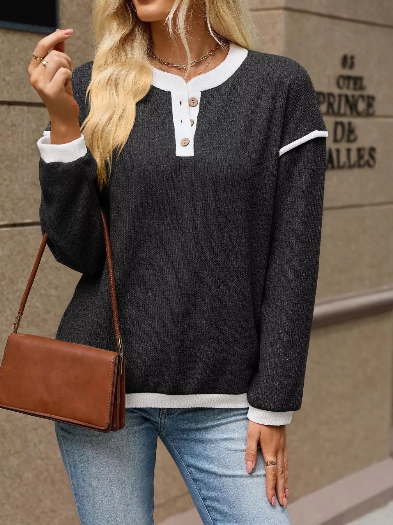 Button Detail Dropped Shoulder T-Shirt - Bitsy Gypsy Boutique