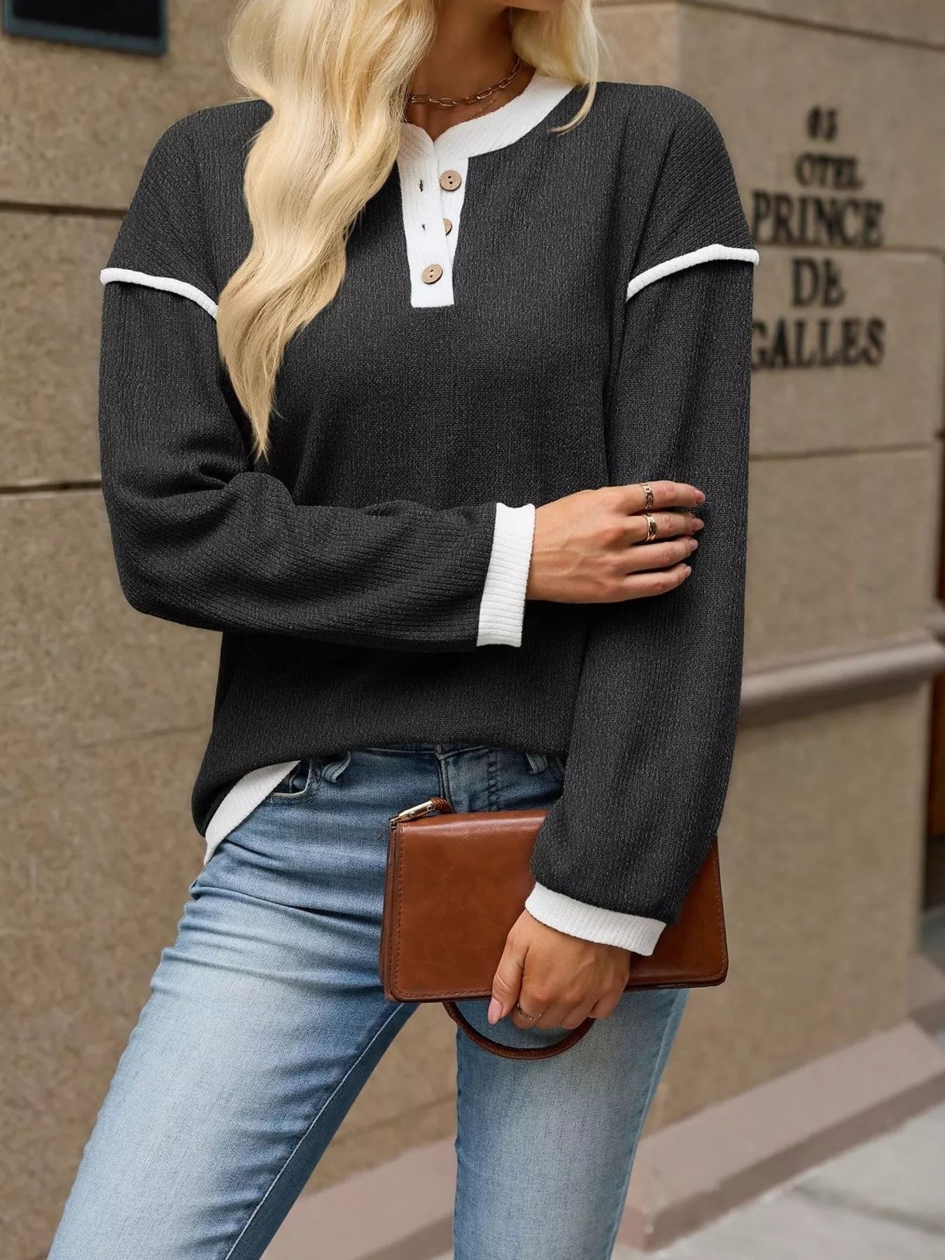 Button Detail Dropped Shoulder T-Shirt - Bitsy Gypsy Boutique