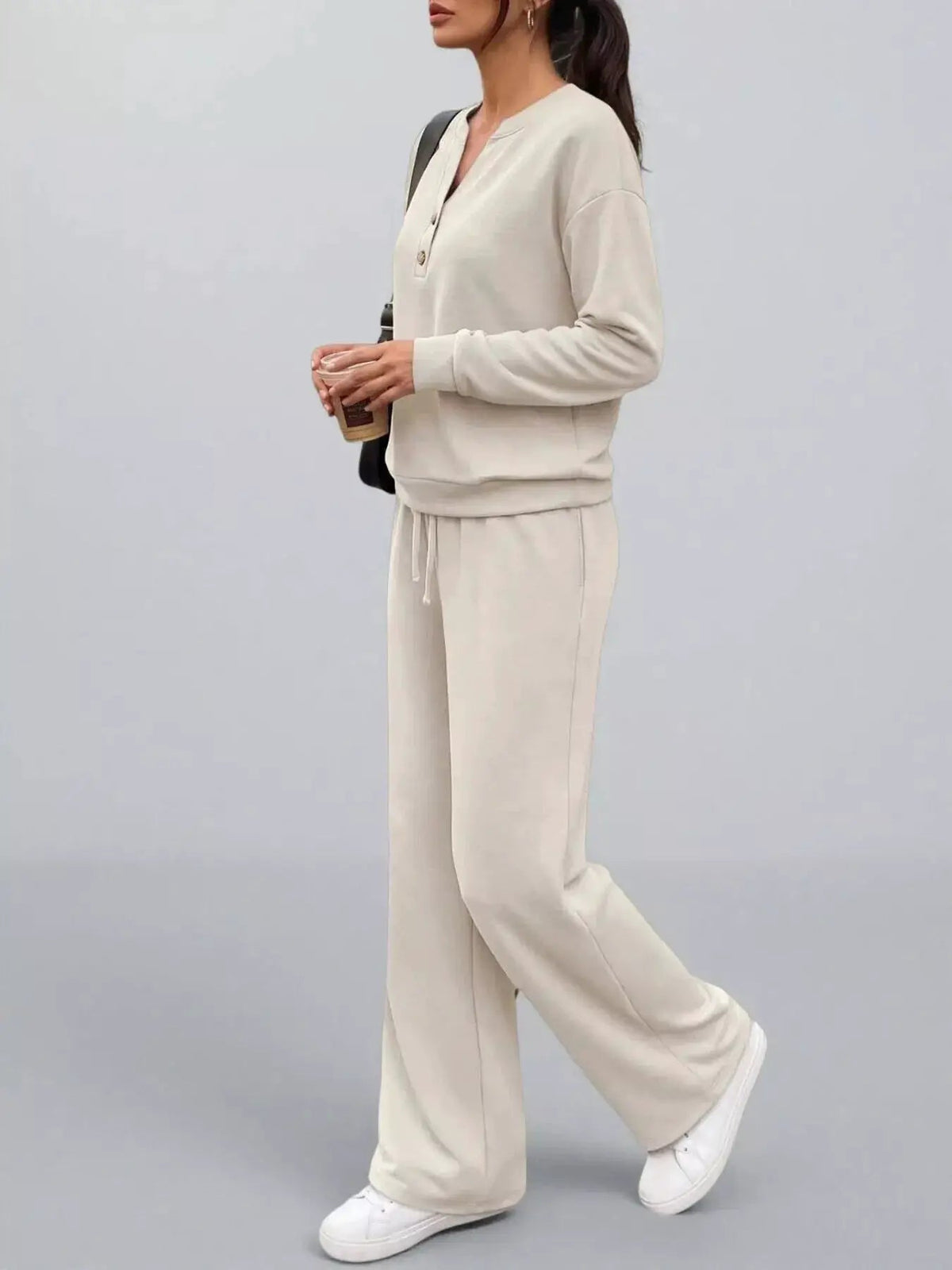 Button Detail Dropped Shoulder Top and Pants Set - Bitsy Gypsy Boutique