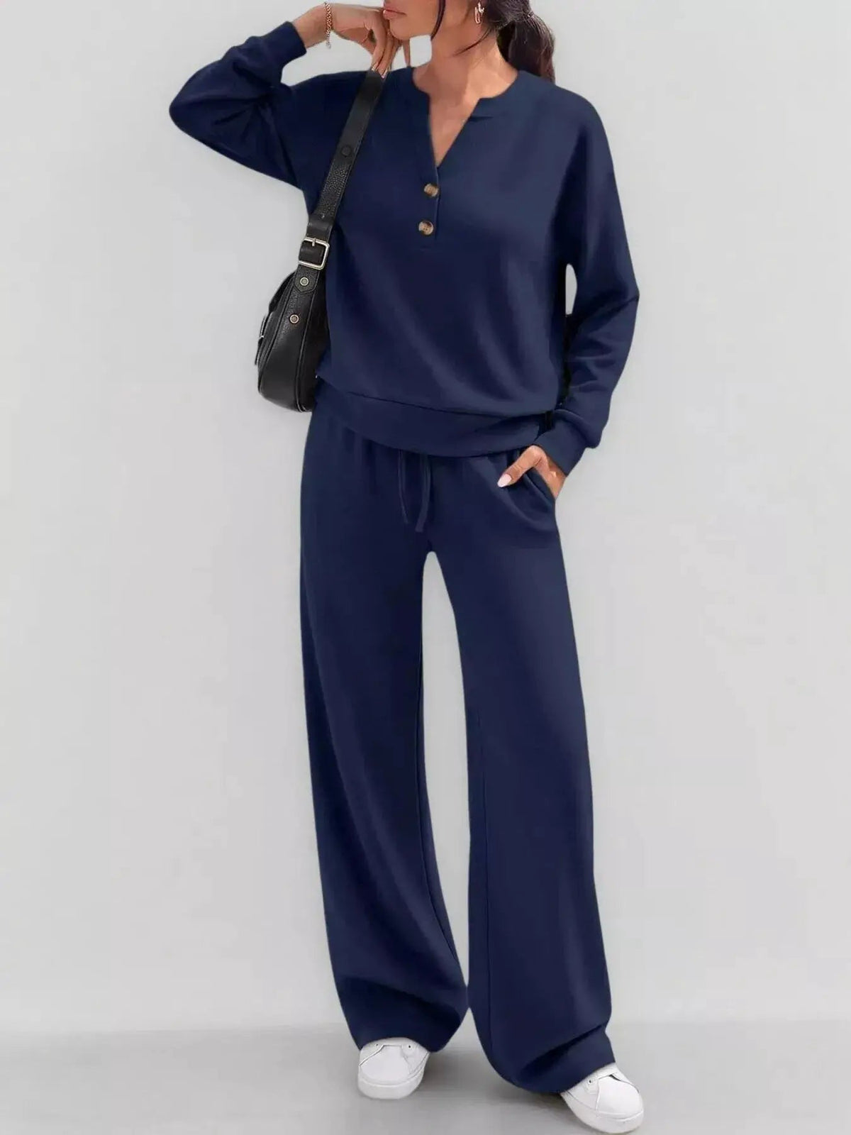 Button Detail Dropped Shoulder Top and Pants Set - Bitsy Gypsy Boutique