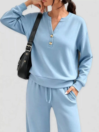 Button Detail Dropped Shoulder Top and Pants Set - Bitsy Gypsy Boutique